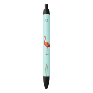 Pink Flamingo & Monogram auf Light Blue Kugelschreiber