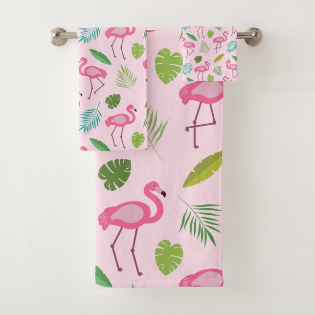 Pink Flamingo Muster mit tropischen Blätter Badhandtuch Set (Insitu)