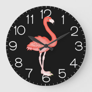 Pink Flamingo On Black Große Wanduhr