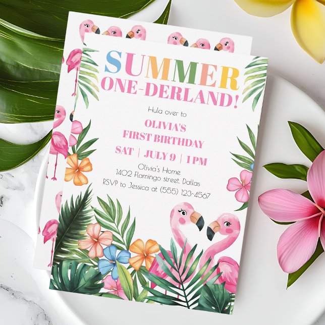 Pink Flamingo Onederland Sommer 1. Geburtstag Part Einladung (Pink Flamingo Onederland Summer 1st Birthday Party Invitation)