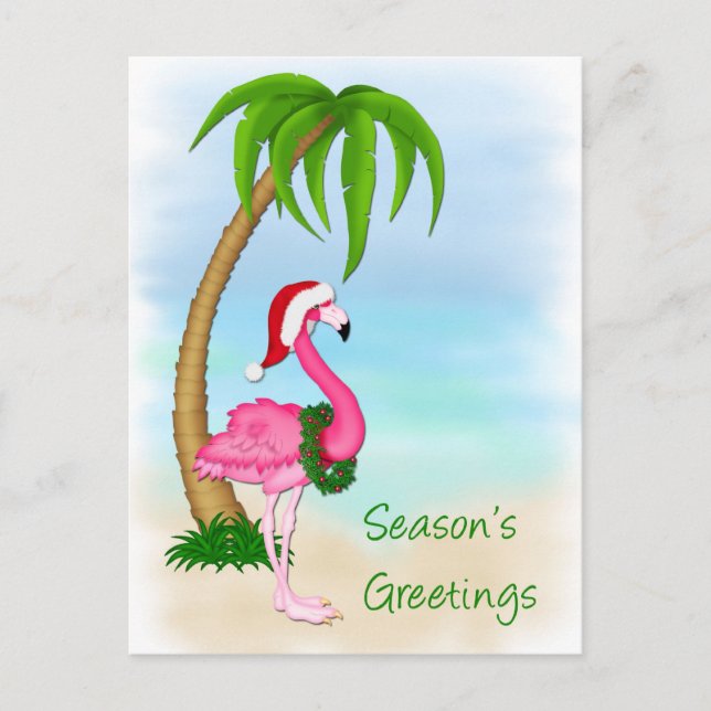 Pink Flamingo Palm Tree Weihnachtskarte Feiertagspostkarte (Vorderseite)