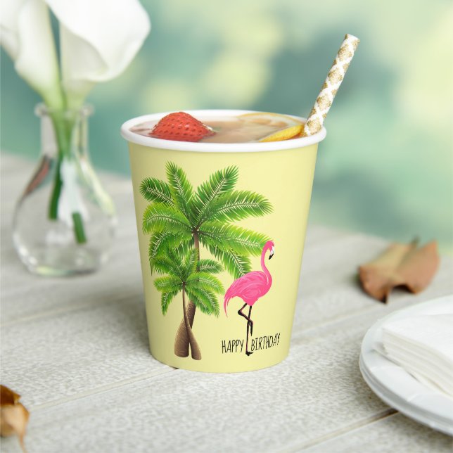 Pink Flamingo & Palm Trees 8oz Paper Cup, Lid Pappbecher (In Situ)