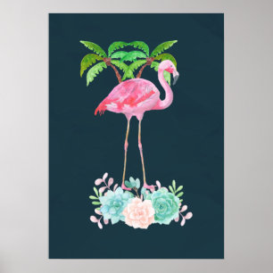 Pink Flamingo Palmen und Blumensukkulturen Poster