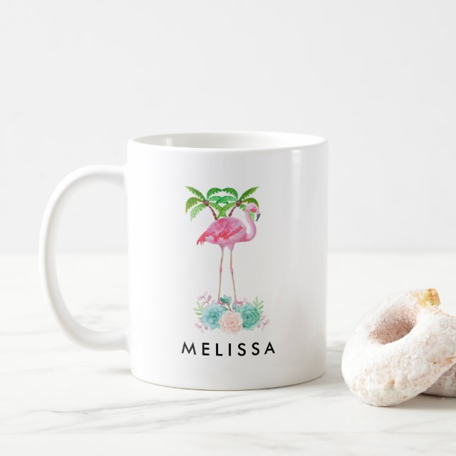 Pink Flamingo Palmen und Blumensukkulturen Tasse (Mit Donut)