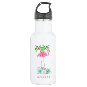 Pink Flamingo Palmen und Blumensukkulturen Trinkflasche