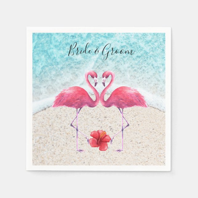Pink Flamingo Pärchen Liebe am Strand Hochzeit Serviette (Vorderseite)