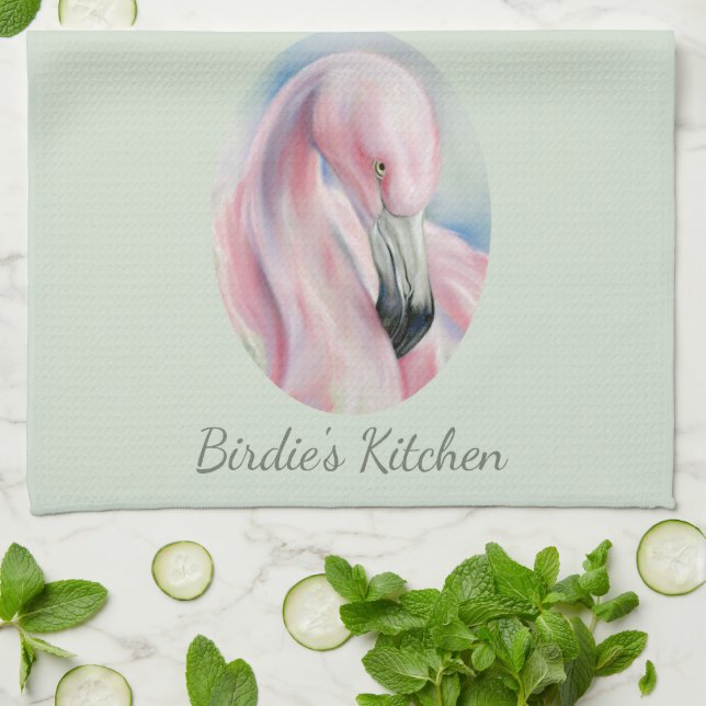 Pink Flamingo Pastor Art Personalisierter Name Geschirrtuch (Gefaltet)