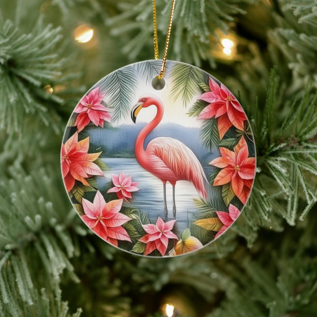 Pink Flamingo Personalisierte Weihnachtsfeier Keramik Ornament (Baum)