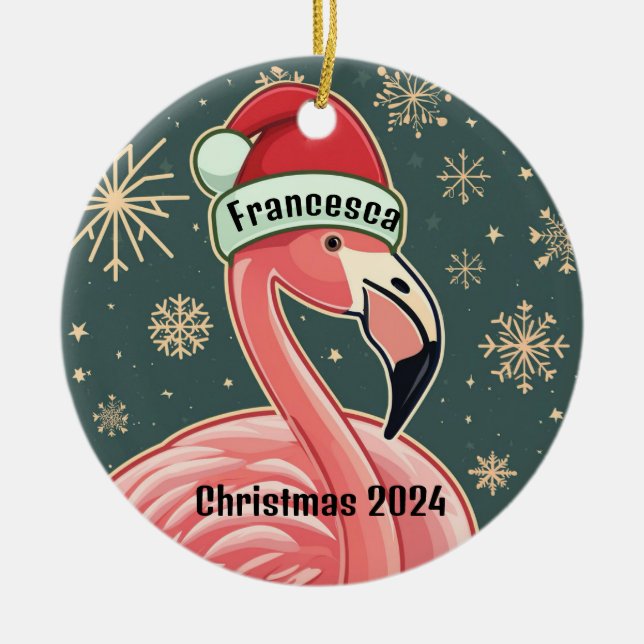 Pink Flamingo Personalisierte Weihnachtsfeier Keramik Ornament (Vorne)