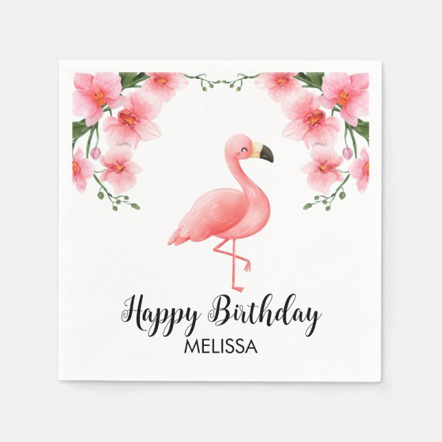 Pink Flamingo Pink Orchid Blume Geburtstag Serviette (Vorderseite)