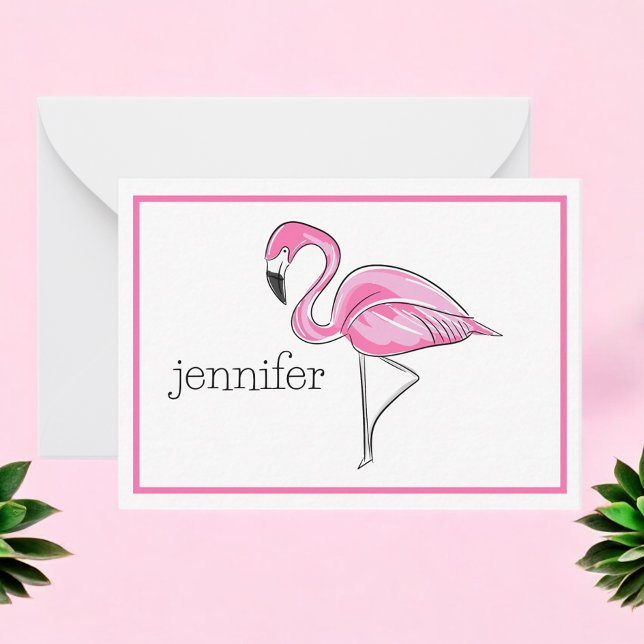 Pink Flamingo Preppy Border Personalisiert Mitteilungskarte (Von Creator hochgeladen)