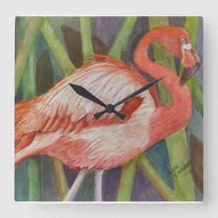 PINK FLAMINGO QUADRATISCHE WANDUHR