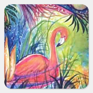 Pink Flamingo Sanibel Midnight Watercolor Malerei Quadratischer Aufkleber
