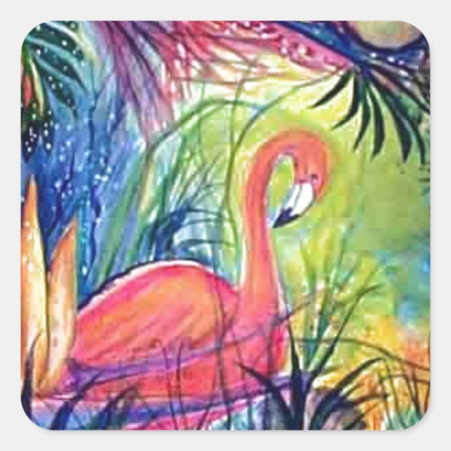Pink Flamingo Sanibel Midnight Watercolor Malerei Quadratischer Aufkleber (Vorderseite)
