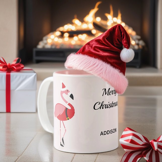 Pink Flamingo Santa Name Tier Weihnachten Zweifarbige Tasse (Add more fun and flamingos to you Christmas. Get this personalized mug for your holiday!)
