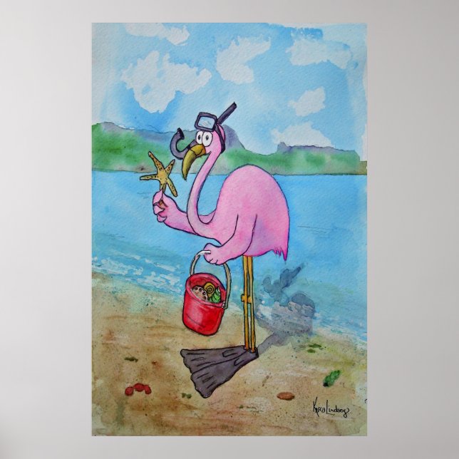 Pink Flamingo Schnorkle Scuba Beach Whimsical Post Poster (Vorne)