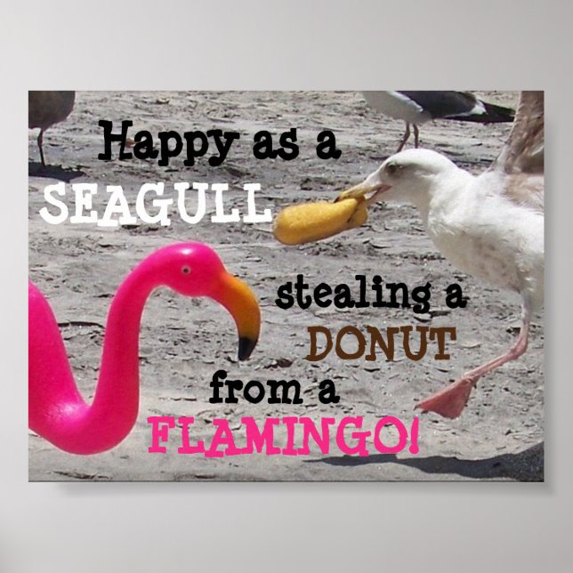 Pink Flamingo Seagull Donut Beach Spaß Poster (Vorne)