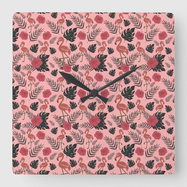 Pink flamingo seamless pattern flowers and leaves quadratische wanduhr (Vorderseite)
