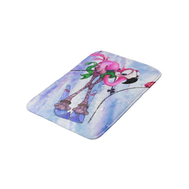 Pink Flamingo Skier Bath Mat - Funny Badematte (Schrägansicht)