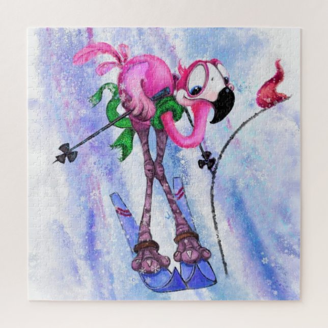 Pink Flamingo Skier Jigsaw Puzzle Cartoon (Vertikal)