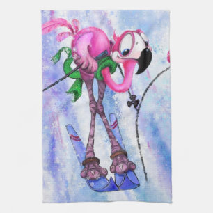 Pink Flamingo Skier Kitchen Towel - Fun Painting Geschirrtuch