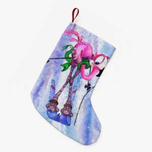 Pink Flamingo Skier Weihnachtsfest Strumpf Cartoon Kleiner Weihnachtsstrumpf