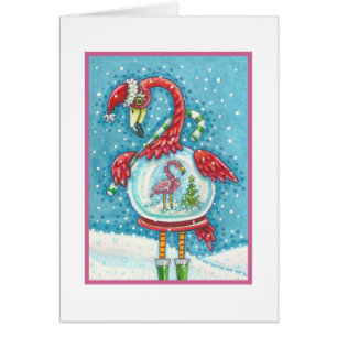 PINK FLAMINGO SNOWGLOBE, CHRISTMAS GREETCARD B