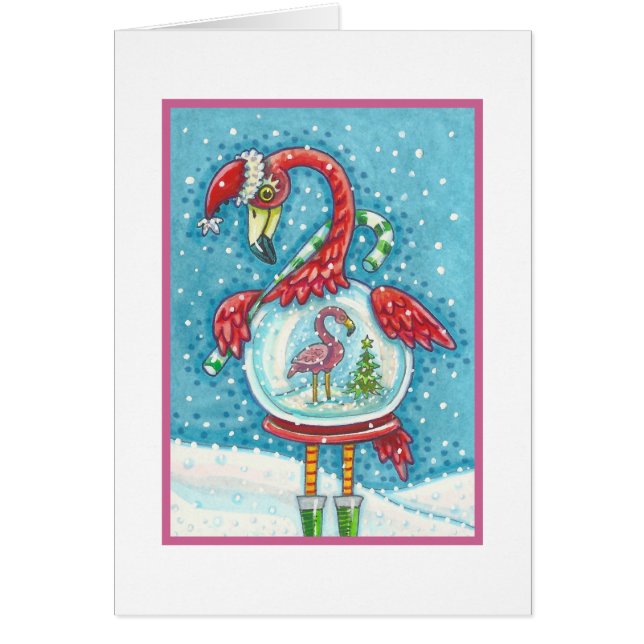 PINK FLAMINGO SNOWGLOBE, CHRISTMAS GREETCARD B (Vorne)