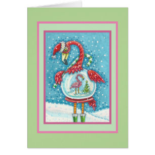 PINK FLAMINGO SNOWGLOBE, CHRISTMAS GREETCARD B