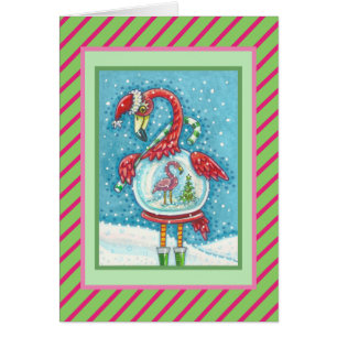 PINK FLAMINGO SNOWGLOBE, CHRISTMAS GREETCARD V