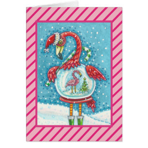 PINK FLAMINGO SNOWGLOBE, CHRISTMAS GREETCARD V