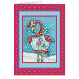 PINK FLAMINGO SNOWGLOBE, CHRISTMAS GREETCARD V