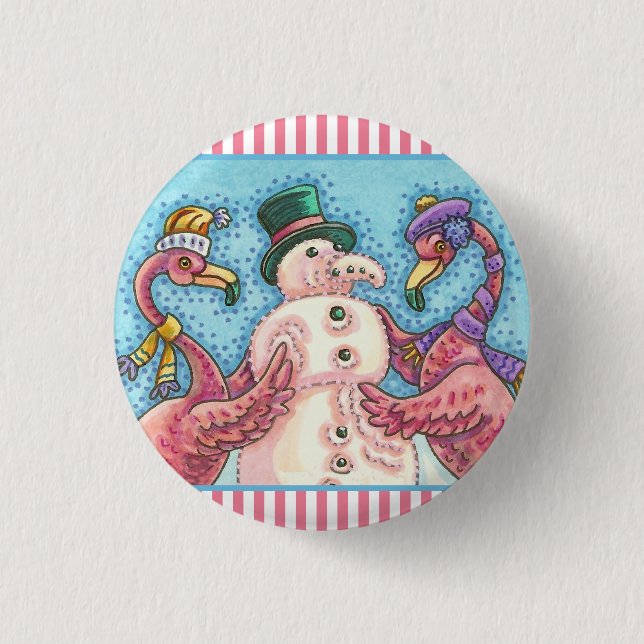 PINK FLAMINGO SNOWMAN CHRISTMAS BUTTON Round (Vorderseite)