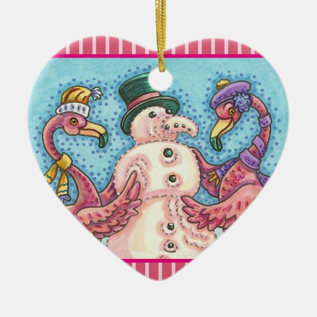 PINK FLAMINGO SNOWMAN, CHRISTMAS FERIENORNATION KERAMIK ORNAMENT (Vorne)
