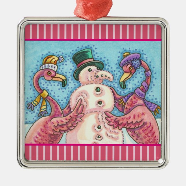 PINK FLAMINGO SNOWMAN, CHRISTMAS FERIENORNATION ORNAMENT AUS METALL (Vorne)