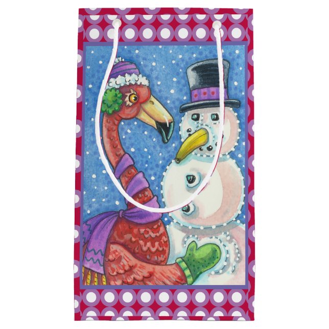 PINK FLAMINGO SNOWMAN CHRISTMAS GIFT BAG Klein Kleine Geschenktüte (Vorderseite)