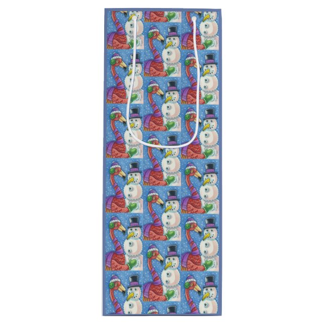 PINK FLAMINGO SNOWMAN CHRISTMAS GIFT BAG - WEIN GESCHENKTÜTE FÜR WEINFLASCHEN (Vorderseite)