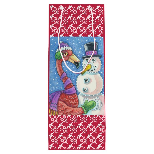 PINK FLAMINGO SNOWMAN CHRISTMAS GIFT BAG - WEIN GESCHENKTÜTE FÜR WEINFLASCHEN (Rückseite)