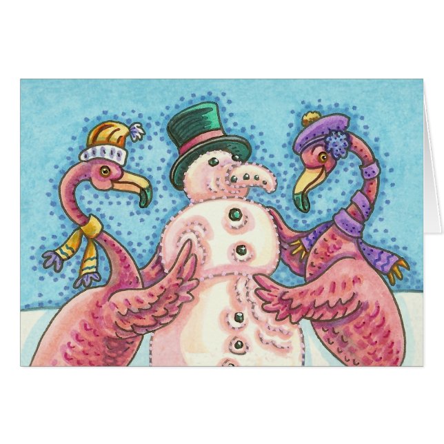 PINK FLAMINGO SNOWMAN, CHRISTMAS GREETCARD B (Vorderseite (Horizontal))