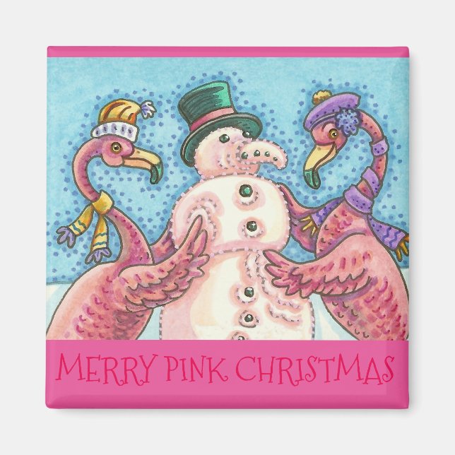 Pink Flamingo Snowman CHRISTMAS MAGNET (Vorne)