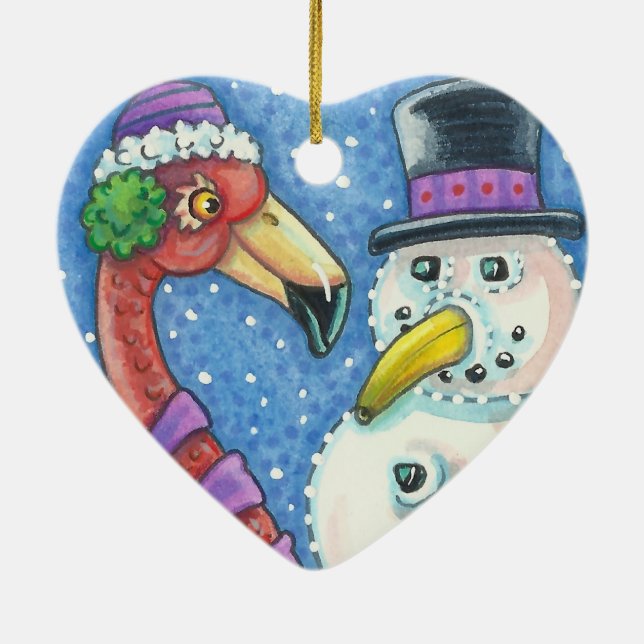 PINK FLAMINGO SNOWMAN CHRISTMAS ORNAMENT Herz (Hinten)