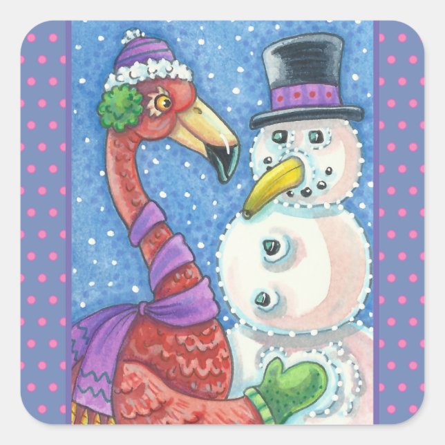 PINK FLAMINGO SNOWMAN, CHRISTMAS STICKERS Square (Vorderseite)