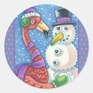 PINK FLAMINGO SNOWMAN, CHRISTMAS STICKS RUNDE RUNDER AUFKLEBER