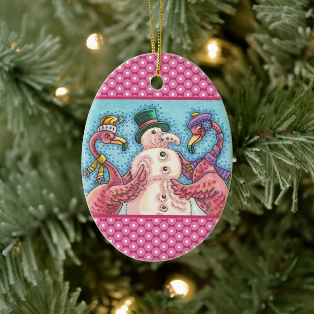 PINK FLAMINGO SNOWMAN, FUNNY CHRISTMAS SNOW BIRD KERAMIK ORNAMENT (Baum)