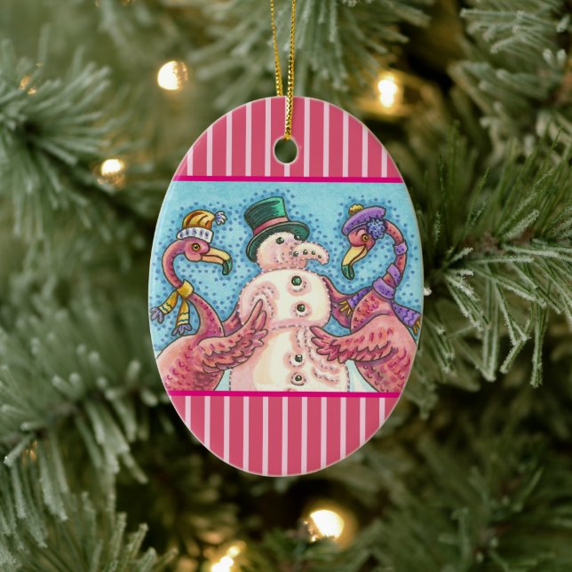PINK FLAMINGO SNOWMAN, FUNNY CHRISTMAS VRDS KERAMIK ORNAMENT (Baum)