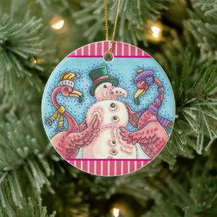 PINK FLAMINGO SNOWMAN, FUNNY CHRISTMAS VRDS KERAMIK ORNAMENT