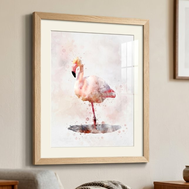 Pink Flamingo Stehend - Wasserfarbe - 01 Fotodruck (Elegant Pink Flamingo standing in Watercolor. Photo Print)