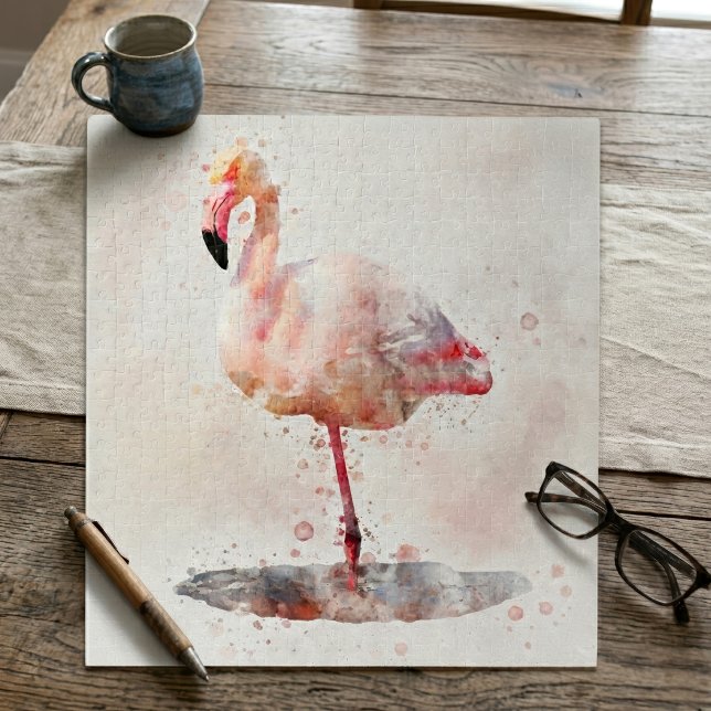 Pink Flamingo Stehend - Wasserfarbe - 01 Puzzle (Elegant Pink Flamingo standing in Watercolor. Jigsaw Puzzle)