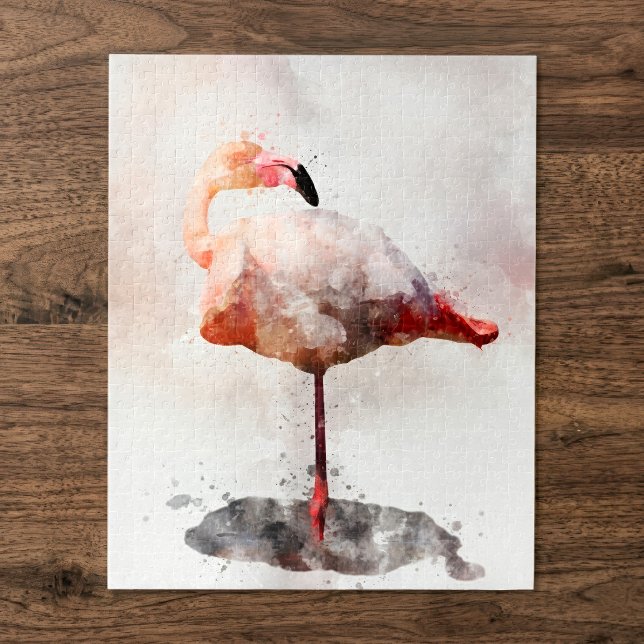 Pink Flamingo Stehend - Wasserfarbe - 02 Puzzle (Pink Flamingo Standing in Watercolor Art Print. Jigsaw Puzzle)