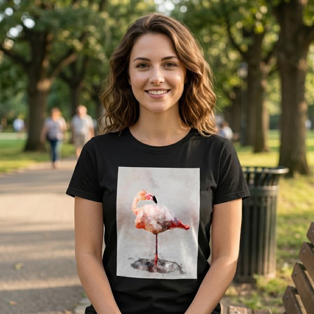 Pink Flamingo Stehend - Wasserfarbe - 02 T-Shirt (Pink Flamingo Standing in Watercolor Art Print. Women Basic Black T-Shirt)
